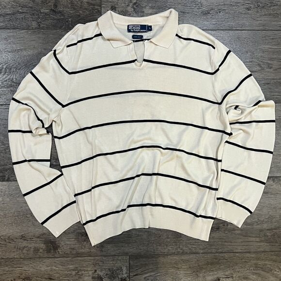 Vintage 90s Polo by Ralph Lauren Silk White Black Striped Sweater Shirt - Large